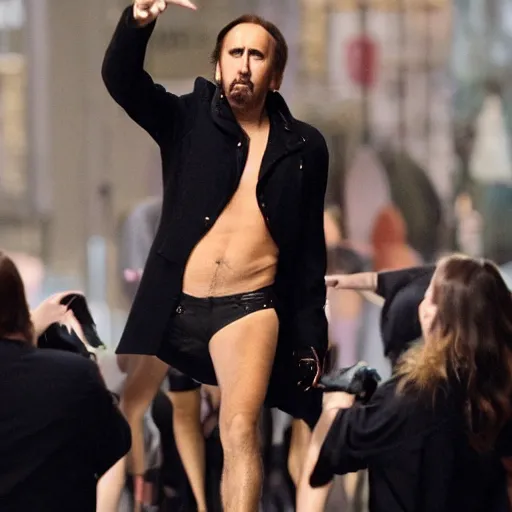 Image similar to Nicolas Cage doing a commercial for Victoria's Secret