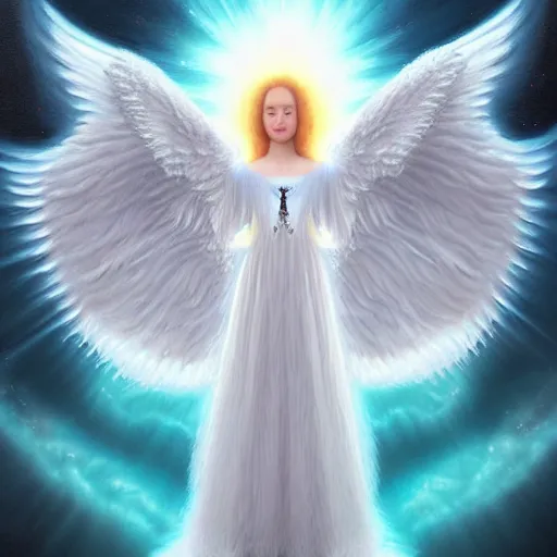 Prompt: highdetailed hyperrealistic painting of white angel!!! no gender!!!, giant ball of miracle light from the chest!!!!!, white sparkles everywhere, 4 k hd fur face!!!, big wings, by jan van eyck, holography space, glow effect, large strokes, soft and clean, white monochrome color!!!!!