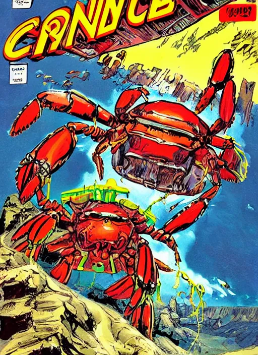 Image similar to comic book cover of a giant mechanical crab at the grand canyon by jack kirby!!! and simon bisley, epic, awesome bright color palette, hard contrast, black ink outlines