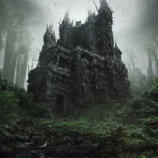 Image similar to full body pose, hyperrealistic photograph of the black keep of rotbog swamp, dim volumetric lighting, 8 k, octane beautifully detailed render, extremely hyper detailed, intricate, epic composition, cinematic lighting, masterpiece, trending on artstation, very very detailed, stunning, hdr, smooth, sharp focus, high resolution, award, winning photo, dslr, 5 0 mm