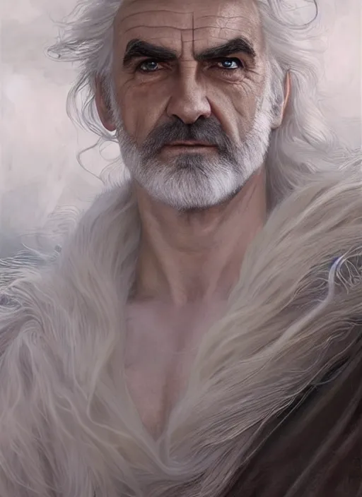 Image similar to Portrait of Sean Connery, white glowing eyes, silver shaggy hair, cloak, ethereal wings, male, fantasy, extremely detailed, digital painting, artstation, concept art, smooth, sharp focus, illustration, stunning lighting, art by artgerm and greg rutkowski and alphonse mucha and simon stalenhag, realistic character concept, high fantasy, light atmosphere, golden ratio, cinematic lighting, hyperdetailed, high resolution, insanely detailed and intricate, artstation, Marc Simonetti, Greg Rutkowski, 8k