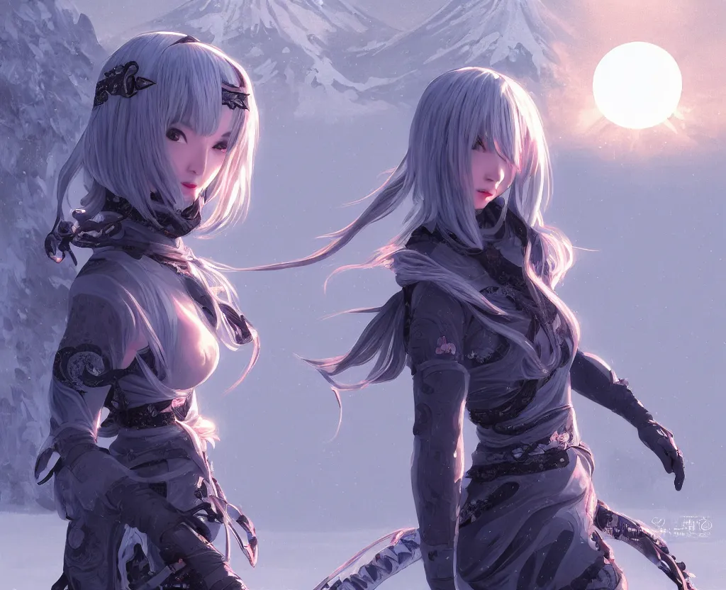 Image similar to portrait grey hair ninja gaiden girl, black plus little pink ninja wardrobe, at snowy fuji mountain sunrise, ssci - fi and fantasy, intricate and very very beautiful, detailed, digital painting, artstation, concept art, smooth and sharp focus, illustration, art by tian zi and wlop and alphonse mucha