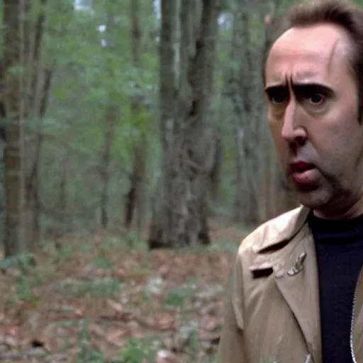 Prompt: nic cage in blair witch project, movie still,