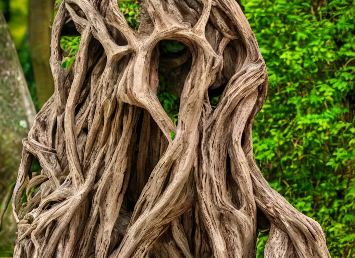 Image similar to dslr esculpture made from roots interwovem in the shape of a woman, 8 5 mm f 1. 8