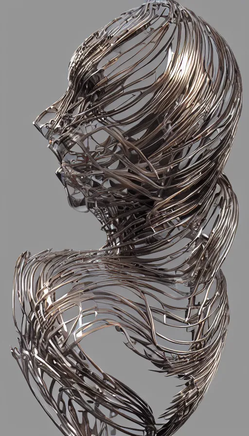 Prompt: a set of metal fire sculptures on woman face, hard surface modeling, kinetic art, made of liquid metal, airbrush art, polycount, a computer rendering by zaha hadid