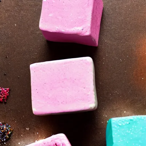 Image similar to photograph of a delicious marshmallow cube with sprinkles on a dark wooden chopping board, pastel colours, hessian cloth, styled food photography, photorealistic, 4 k