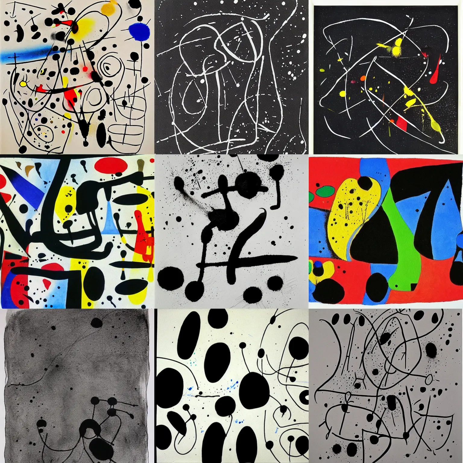 Prompt: artwork by joan miro, ink splatters, black pen lines, incredible detail