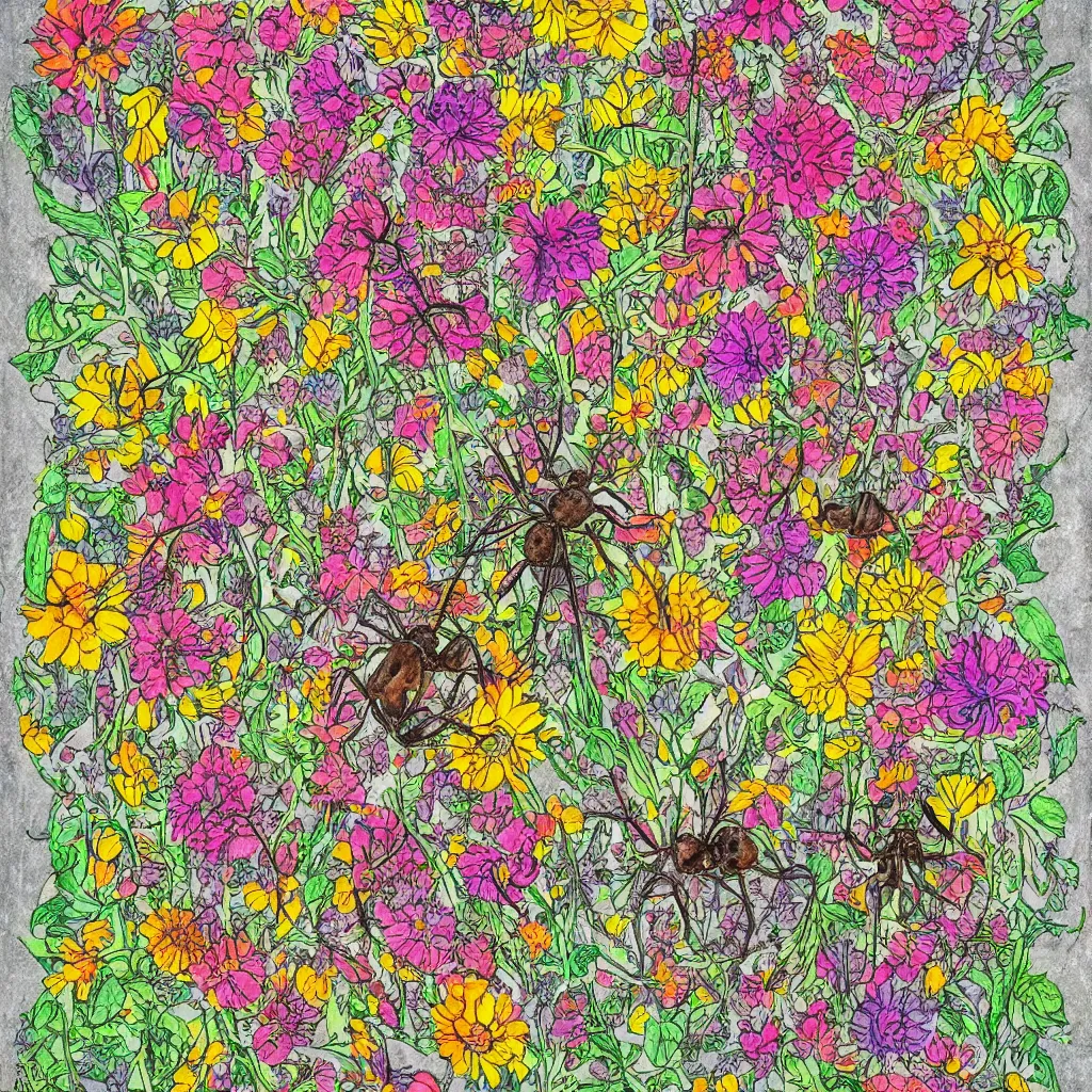 Image similar to a symmetric portrait of the face of an ant, surrounded by flowers, by well renowned world artist