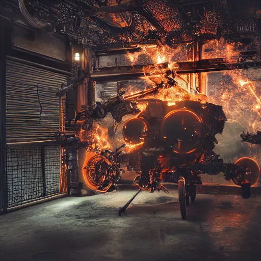 Prompt: bicycle mecha, dark messy smoke - filled cluttered workshop, dark, dramatic lighting, orange tint, sparks, cinematic, highly detailed, sci - fi, futuristic, movie still