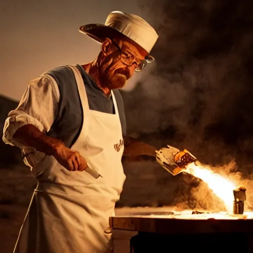 Prompt: walter white making pizza!!! margherita! with a blowtorch!! in the desert, dramatic lighting, movie poster