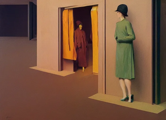 Image similar to woman wearing paper bags for clothes standing inside paper bags at store display Edward Hopper and James Gilleard, Zdzislaw Beksinski, highly detailed