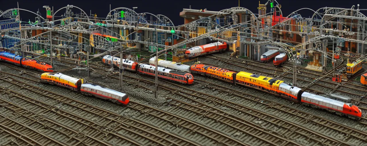 Image similar to mega detailed miniature voxel diorama of huge railway station by night, futuristic architecture, tilt shift, volumetric lighting, several trains on rails, near future 2 0 3 0