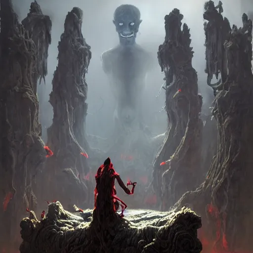 Prompt: An Evil Vampiric Mr. Bean sitting on the throne of hades, fullbody, intricate, demonic, video game art, highly detailed, artstation, green field with village ruins, concept art, smooth, sharp focus, illustration, art by greg rutkowski and orientalism and bouguereau and Zdzislaw Beksinski, good clear quality, lighting, biology, symmetrical artwork, perfect face, 135 mm, cinematic, hyper realism, high detail, octane render, 8k, chrome accents