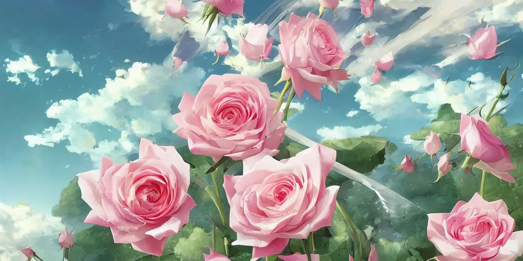 Image similar to background art of flying longswords flowing slicing through a bouquet of white and pink roses, big puffy clouds, sharp rain, large rose petals, lotus petals, large polygonal background elements, large polygons, dramatic anime, dramatic lighting, artgerm, manga, trending on artstation, art nouveau, mature colors