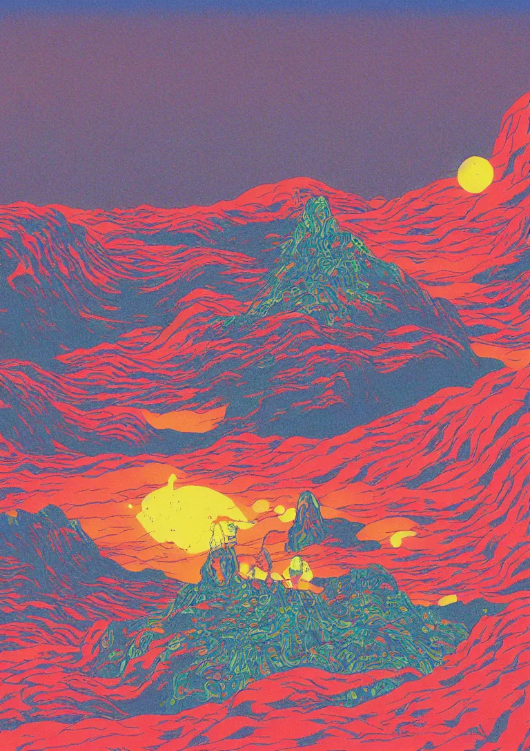 Prompt: a man takes acid, a paper blotter tab of LSD acid melting into a psychedelic landscape, risograph by kawase hasui, moebius, Edward Hopper and James Gilleard, Zdzislaw Beksinski, Steven Outram colorful flat surreal design, hd, 8k, artstation