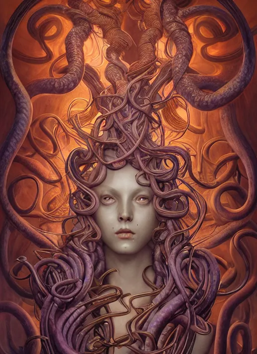 Image similar to medusa, wooden art nouveau swirls, strong subsurface scattering, cables, biomechanical, in the style of james jean and tomasz alen kopera, mystical colors, rim light, soft lighting, 8 k, stunning scene, raytracing, octane render, trending on artstation
