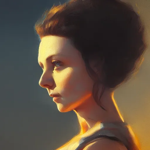 Image similar to closeup portrait of a young vivian leigh, chiaroscuro, city background, golden hour, dramatic lighting, high detail, painted by greg rutkowski, painted by igor kieryluk, trending on artstation