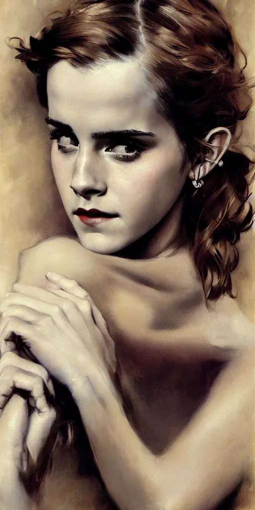 Prompt: emma watson happy detailed portrait painting by gaston bussiere craig mullins j. c. leyendecker photograph by richard avedon peter lindbergh annie leibovitz