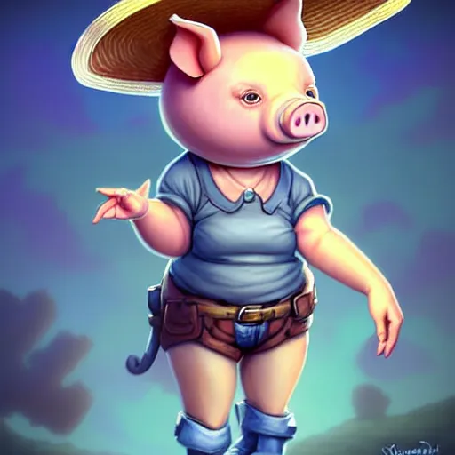 Image similar to cute little anthropomorphic funny female pig wearing shorts, a sunhat, boots and a pale blue shirt!! tiny!! fully clothed!!! small, short, cute and adorable, character art portrait, matte fantasy painting, deviantart artstation, by jason felix by steve argyle by tyler jacobson by peter mohrbacher, cinema