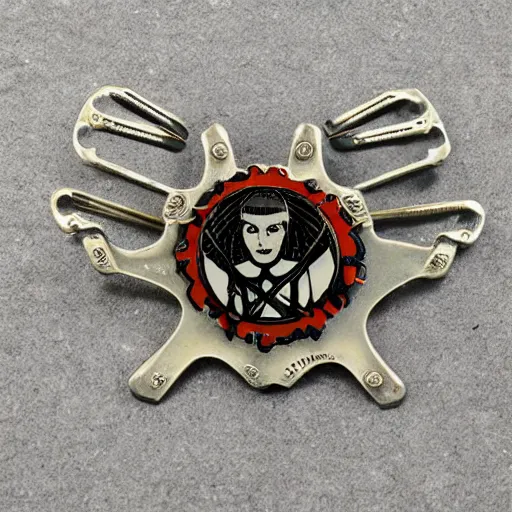 Image similar to transhumanism, metal badge with a hair clip