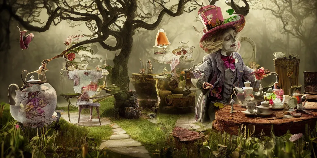 Prompt: alice in wonderland tea with mad hat 3 d, mistic atmosphere, scarry, octane render, intricate, hyper detailed, morning light, well rendered