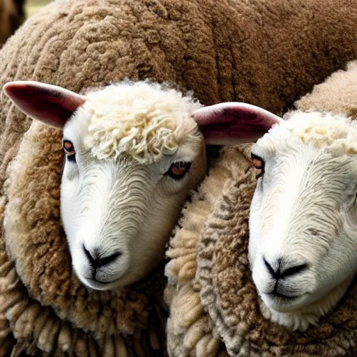 Image similar to sheep closeup with two sheep companions, beautiful, intricate, hyper detailed