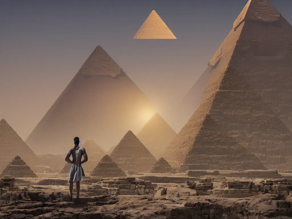 Image similar to photography of an egyptian god standing in front of the giza pyramid, fantasy ,volumetric lighting, intricate, elegant, hyperdetailed 3d matte painting, highly detailed, digital painting, artstation, smooth, sharp focus, illustration, art by Makoto Shinkai and artgerm, hyperrealism, hyperrealistic, cinematic masterpiece, fantasy style 8k ultrahd octane render