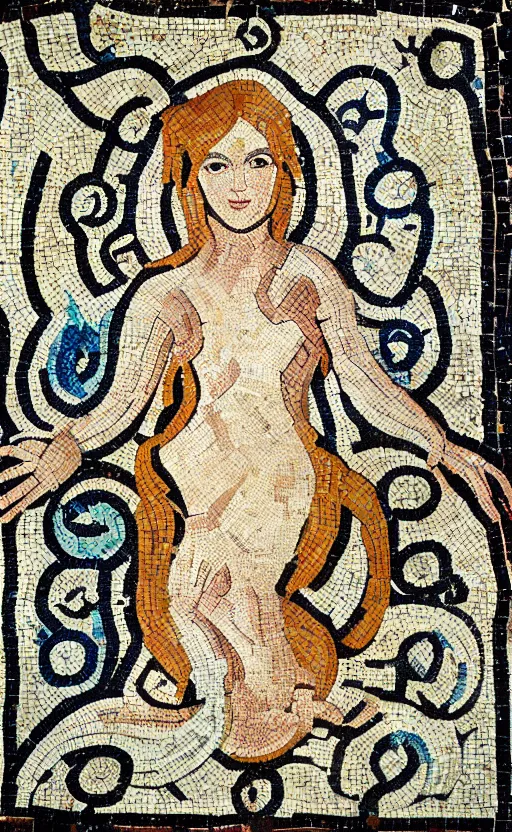 Image similar to ancient roman mosaic of beautiful gingerhead mermaid with long tail, dolphins, fishes stylised, symmetrical, minimal, octane, dynamic light