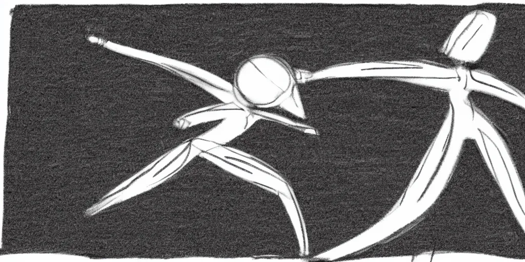 Prompt: a simple black and white pencil storyboard sketch of a giant humanoid athletic sleek futuristic humanoid android powering up as small floating particles swirl around it, lines of energy