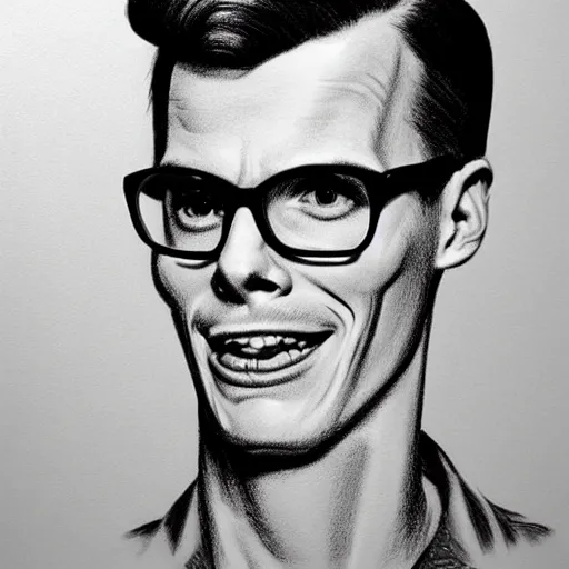 Image similar to A 1950s Style Comic-Like Drawing of iDubbbz, grainy, realistic, hyperrealistic, very realistic, very very realistic, highly detailed, very detailed, extremely detailed, detailed, digital art, trending on artstation, detailed face, very detailed face, very detailed face, realism, HD Quality, 8k resolution, intricate details, body and head in frame, drawing, inked drawing, comic drawing, neat drawing, 1950s, 50s, in the style of Frank Hampson, in the style of Frank Bellamy, in the style of Dave Gibbons, in the style of Don Lawrence, in the style of Wally Wood