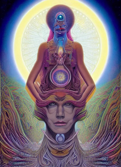 Prompt: portrait ultra dimensional enlightened cult woman shaman, enlightenment tripping on dmt, psychedelic experience, surrealism masterpiece composition, by michael parkes, casey weldon, barclay shaw