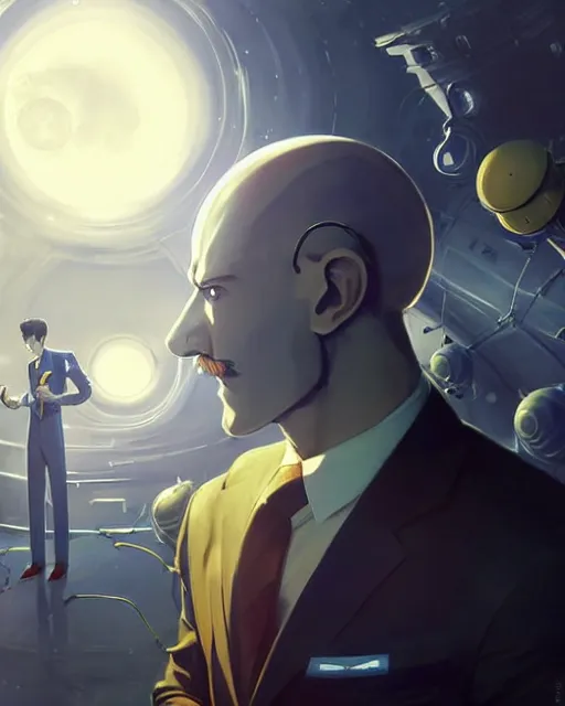 Image similar to gigachad luigi wearing a suit in the space lab, fantasy character portrait, ultra realistic, anime key visual like saitama, concept art, intricate details, highly detailed by greg rutkowski, ilya kuvshinov, gaston bussiere, craig mullins, simon bisley