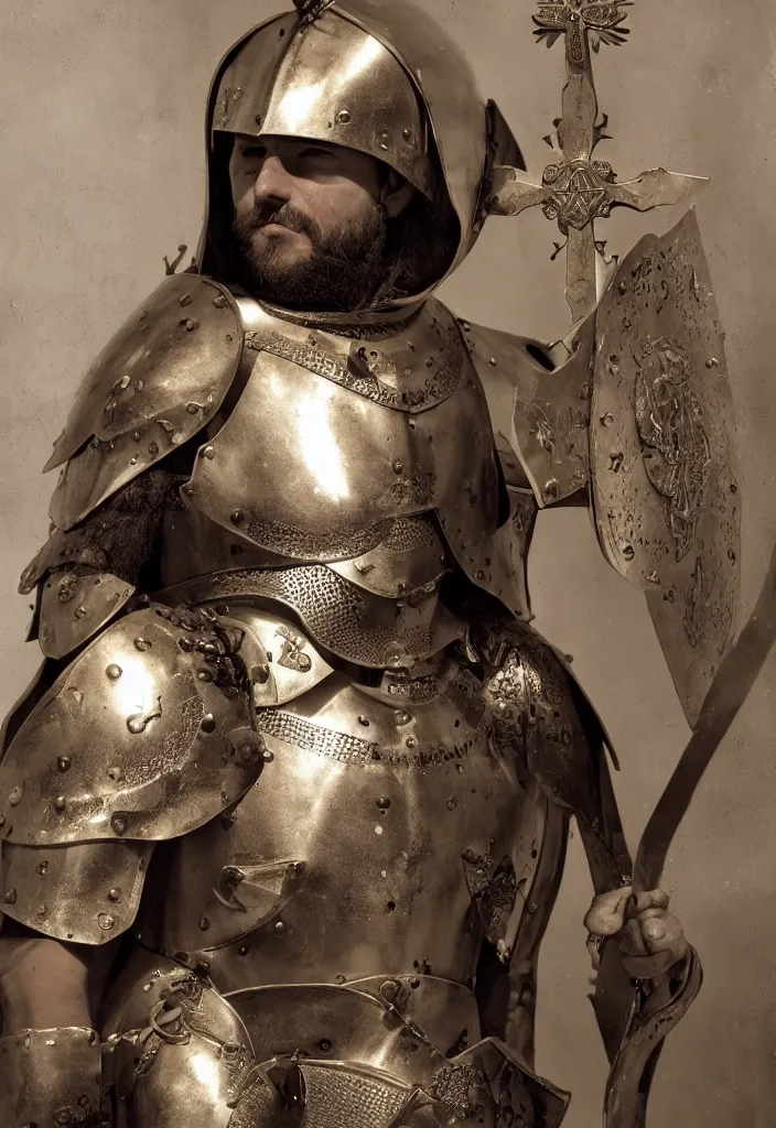 Image similar to man in decorated crusader armor and crusader helmet and big golden cross on his chest plate