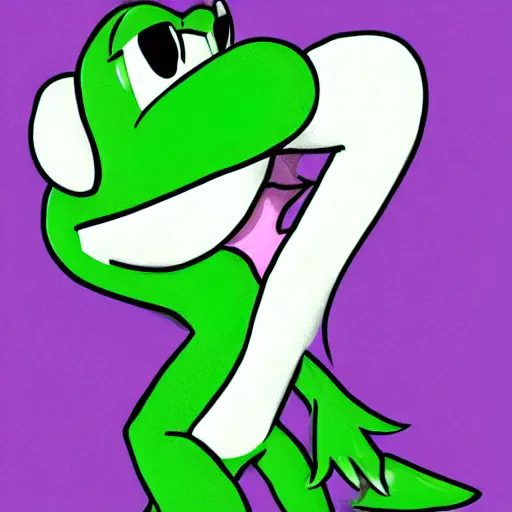 Prompt: anthropomorphic light green yoshi wearing a purple jacket, black shirt, purple skirt, purple heels, nintendo, digital art, deviantart