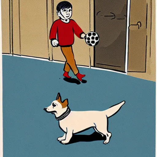 Image similar to book illustration of a french boy on the streets of paris playing football against a corgi, the dog is wearing a polka dot scarf, 1 9 6 6