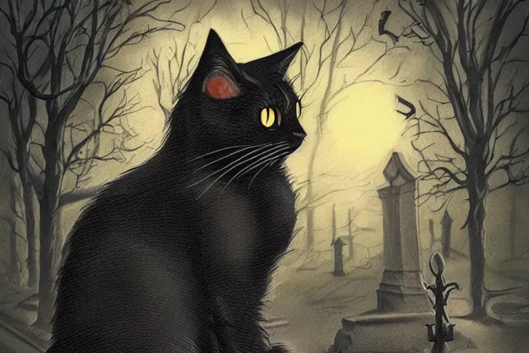 Prompt: black cat in graveyard at midnight halloween tattoo on shoulder by anton pieck, intricate, extremely detailed, digital painting, artstation concept art