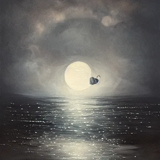 Image similar to ominous bedsheet ghost floating above the ocean late at night, moonlight reflections, oil painting, brush strokes, gloomy misty atmosphere, symmetrical, full body image, highly ornate intricate details,