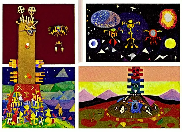 Image similar to pixel decollage painting tarot lovers card composition tower of babel road red armor maggot bear and wonky alien frog skeleton knight on a horse in a dark red cloudy night sky with golden foil jewish stars and diamonds, mountain lake and blossoming field in background, painted by Mark Rothko, Helen Frankenthaler, Danny Fox and Hilma af Klint, pixelated, neo expressionism, semi naive, pastel colors, cinematic, color field painting, cave painting, voxel, pop art look, outsider art, minimalistic. Bill Traylor painting, part by Philip Guston, Amano and Francis Bacon. art by Adrian Ghenie, very coherent symmetrical artwork, cinematic, hyper realism, high detail, octane render, unreal engine, Smooth gradients, depth of field, full body character drawing, extremely detailed, 8k, extreme detail, intricate detail, masterpiece