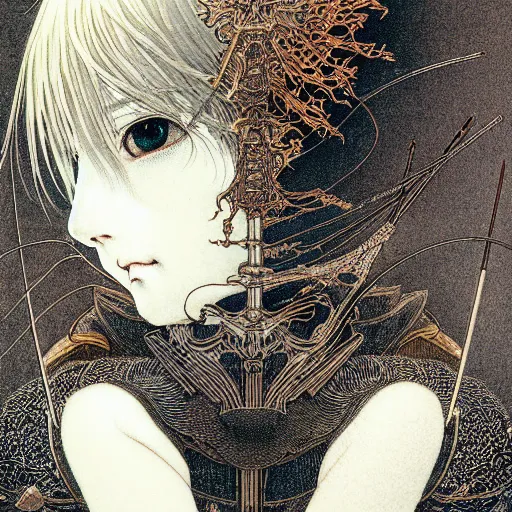 Image similar to prompt: Fragile looking vessel portrait soft light drawn by Takato Yamamoto, inspired by Fables, weapons around the face, ancient dark chrome knight armor, magical and alchemical objects on the side, soft light, white background, intricate detail, intricate oil painting detail, sharp high detail, manga and anime 2000