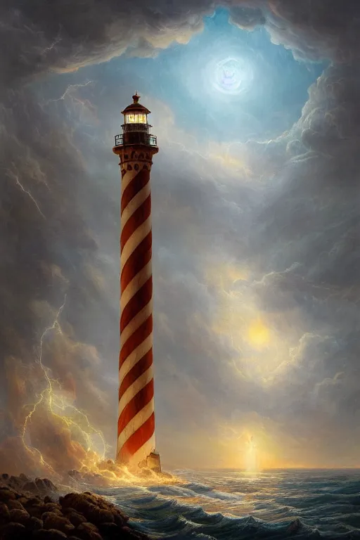 Prompt: Detailed Exterior Shot of Stormy Gale Lighthouse of Alexandria, light of god, light shafts, flock of birds, stunning atmosphere, in Style of Peter Mohrbacher, cinematic lighting