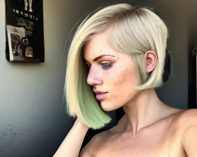 Prompt: A beautiful woman with light green eyes, high cheek bones, a dirty blonde bob cut hair cut, slight freckles, mid 20s, masculine jawline, light eyebrows