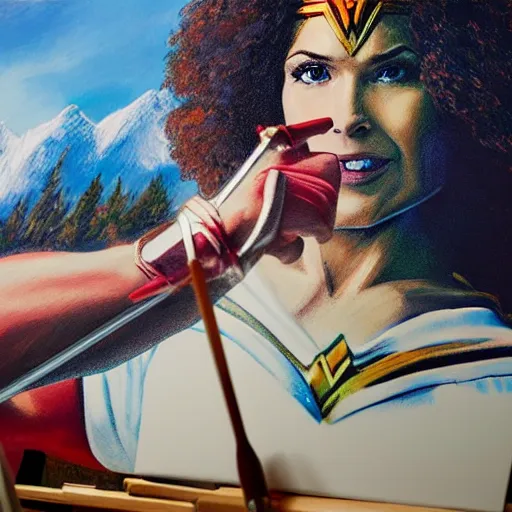 Image similar to a closeup photorealistic photograph of bob ross working on a canvas painting of wonder woman. film still. brightly lit scene. mountains and trees. this 4 k hd image is trending on artstation, featured on behance, well - rendered, extra crisp, features intricate detail, epic composition and the style of unreal engine.