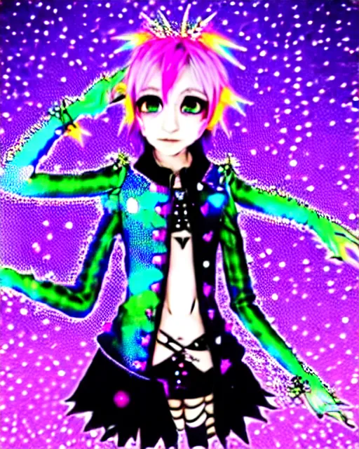 Image similar to a hologram of decora styled yotsuba koiwai wearing a gothic spiked jacket, holography, irridescent, baroque visual kei decora art