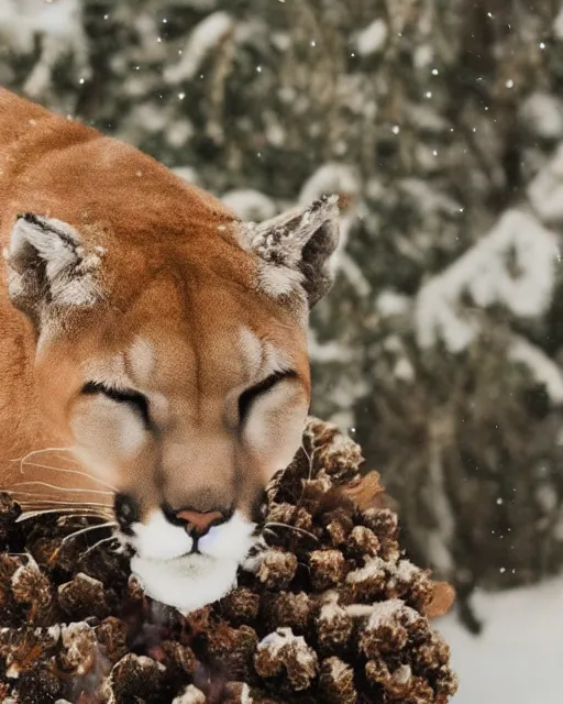 Image similar to postcard showing 'a cougar sleeping in the middle of snowy pine tree' laying on coffee table, zoomed out, HD, iphone screenshot