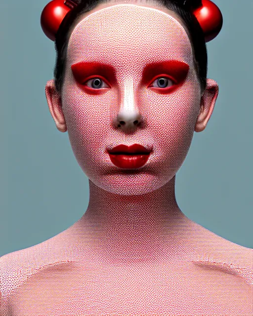 Image similar to symmetrical close - up portrait of a woman wearing a red silicone beauty mask and hair buns, wearing a black bodysuit by alexander mcqueen, cream white background, soft light, biotechnology, humanoide robot, bjork aesthetic, translucent, by rineke dijkstra, masterpiece,