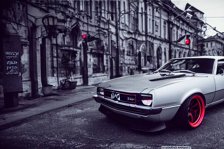 Image similar to widebody audi camaro b 1 ( 1 9 6 9 ), need for speed : carbon, at night, sci - fi, neon lines, lviv historic centre, phonk music background, smoke behind wheels, noise, dark, establishing shot, by simon stalenhag