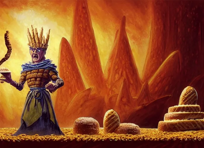 Image similar to a character made entirely out of bread giving a speech at a podium and wearing royal clothing, by marco bucci and frank frazetta, magic : the gathering fantasy concept art, high resolution. there is an audience of bread - people - hybrids in the background, fantasy coloring, intricate, digital painting, artstation, smooth, sharp focus