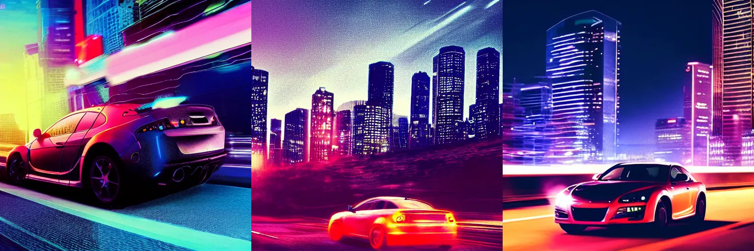 Prompt: Synthwave rx8 driving through city nighttime