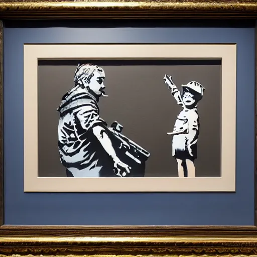 Prompt: banksy and andy wharrol collab painting art piece museum expo