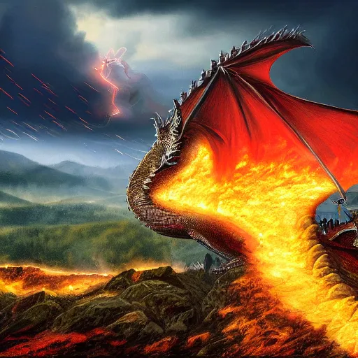 Prompt: a knight going to jump to get on a dragons back as the dragon breathes fire and inflames the ground beneath him, with castle in distance, stormy, raining, 4 k, hd, realistic